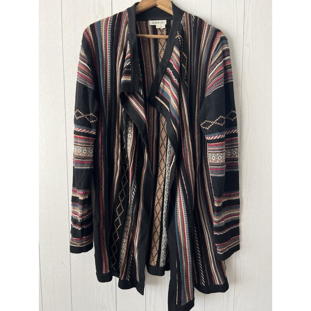 Orvis Wool Blend Long Cardigan Coogi Style Women's Open Front Large Black Color